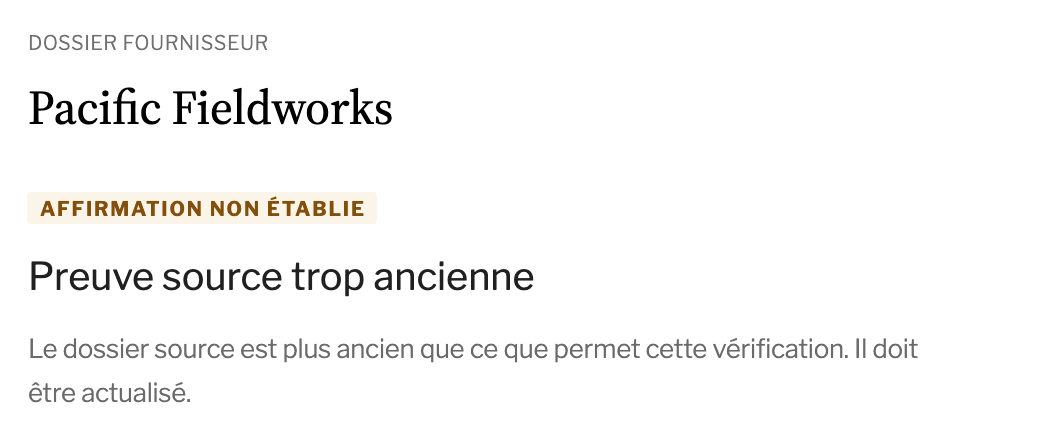 Pacific Fieldworks : affirmation non établie, preuve source trop ancienne.