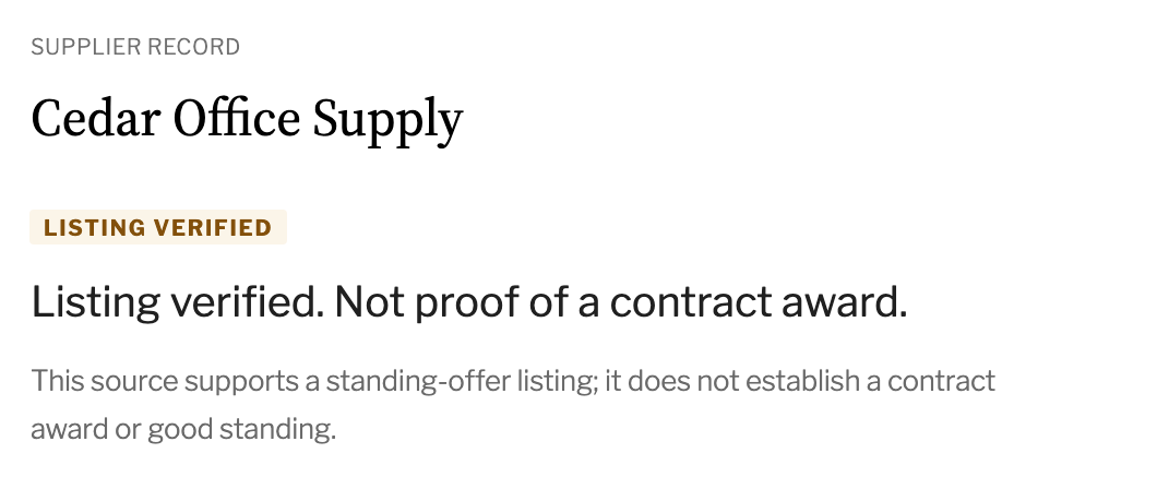 Cedar Office Supply: Listing verified. Not proof of a contract award.
