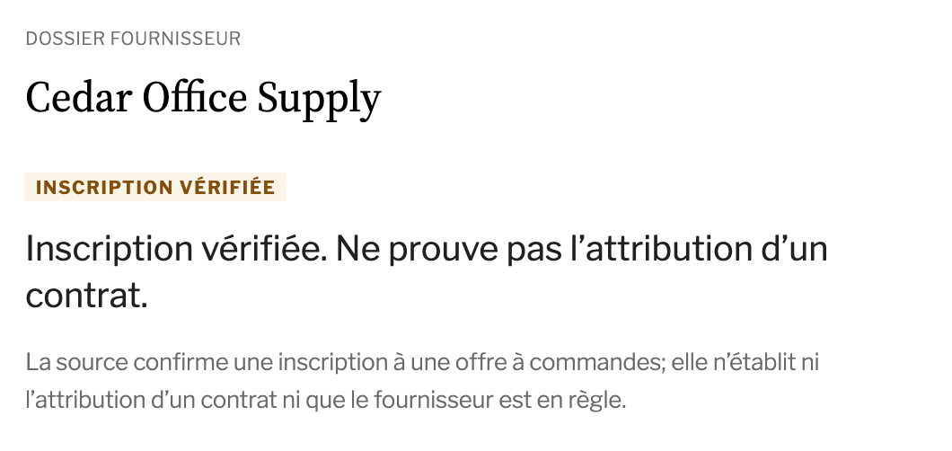 Cedar Office Supply : inscription vérifiée, ne prouve pas l’attribution d’un contrat.