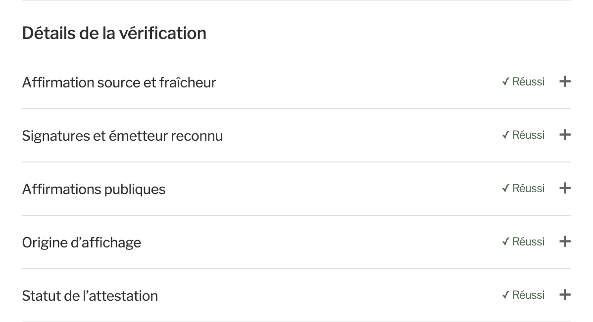 Détail de la vérification : cinq contrôles, chacun réussi.