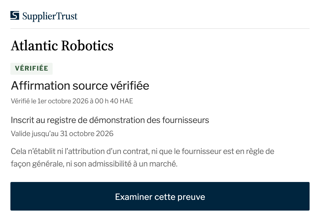 L’affichage fournisseur d’Atlantic Robotics : affirmation source vérifiée, l’heure de la vérification et une mention de ce que l’affirmation n’établit pas.