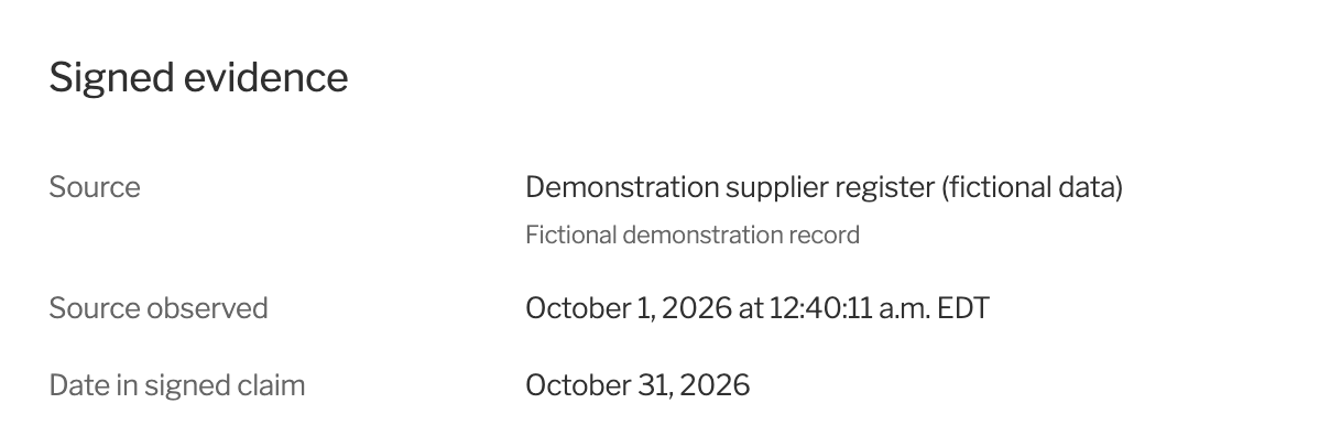 Signed evidence for the demonstration supplier register.