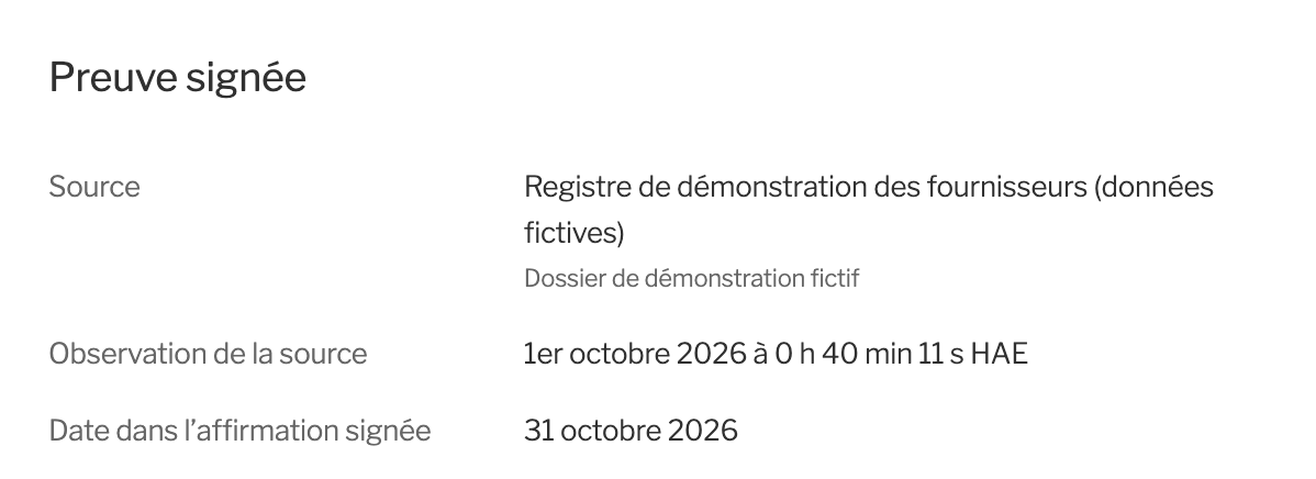 Preuve signée pour le registre de démonstration des fournisseurs.