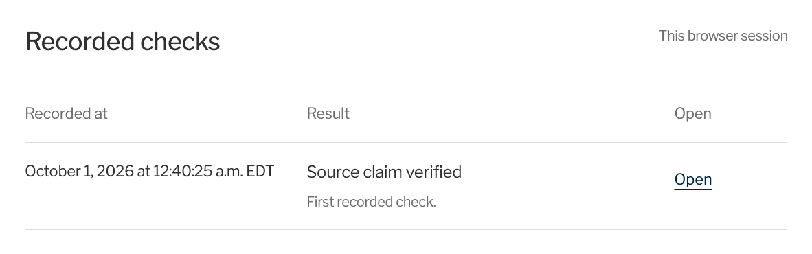 Recorded checks: a first recorded check with the result Source claim verified.
