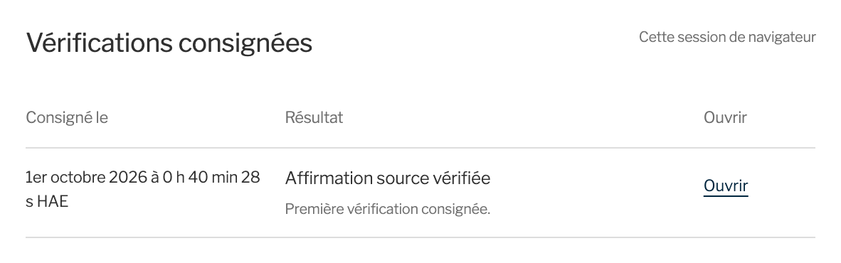 Vérifications consignées : une première vérification avec le résultat Affirmation source vérifiée.